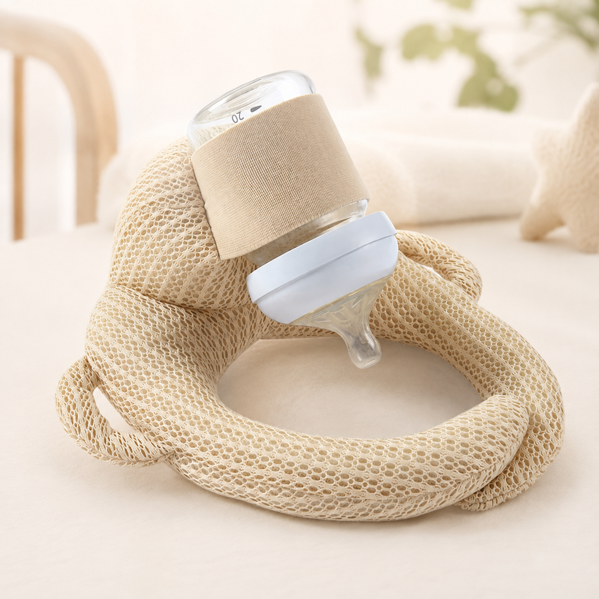 Baby Bottle-Feeding Support Pillow with Bottle Holder